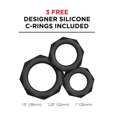 Três anéis pretos de silicone em diferentes tamanhos com texto promocional