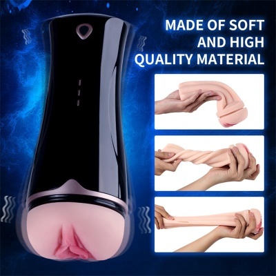 Brinquedo sexual masculino flexível em silicone com capa preta e texto promocional