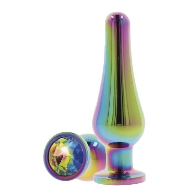 Plug anal metálico iridescente com pedra facetada colorida