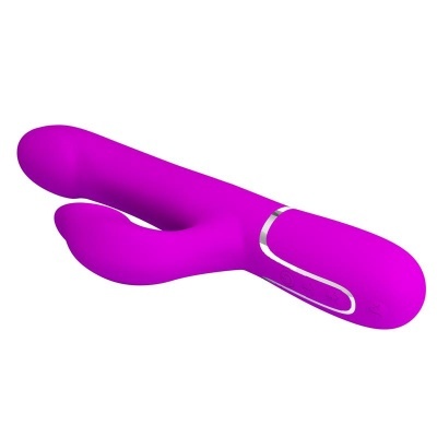 Vibrador rosa com duas extremidades e zona de controlo