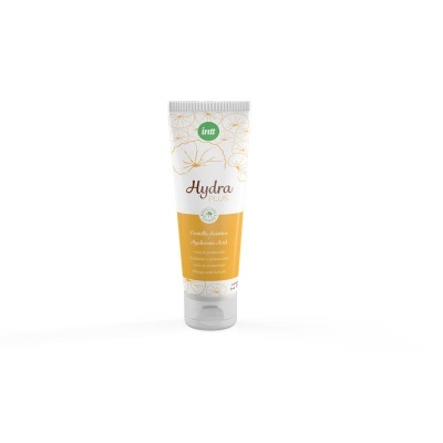 Frasco de produto cosmético Hydro Plus da intt com design branco, amarelo e flores douradas.
