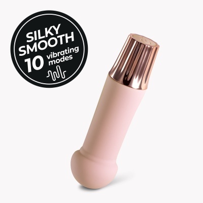 Dispositivo rosa com extremidade prateada e rótulo preto com texto