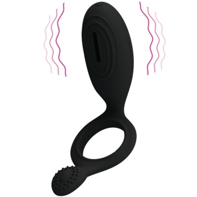 Anel vibrador preto com textura ondulada e ponta com relevos