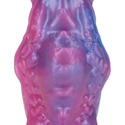 Objeto plástico ou silicone rosa e azul com textura irregular e bolhas