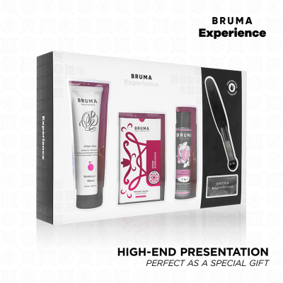 Conjunto Bruma Experience com gel lubrificante, vibrador líquido, óleo 3 em 1 e vibrador preto em caixa branca e preta