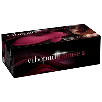 Embalagem do vibepad intense 2 com objetos vermelhos e rosto feminino