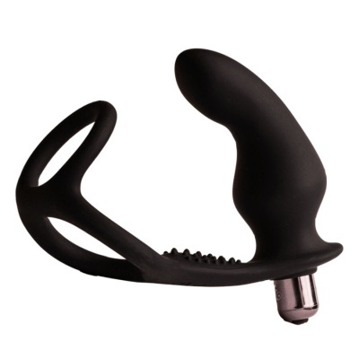 Estimualdor sexual masculino em silicone preto com vibração metálica.