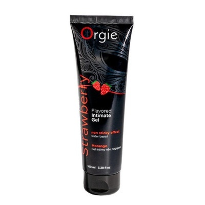 Tubo preto de gel íntimo Orgie sabor morango com texto e imagem de morangos