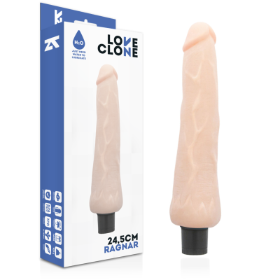 Vibrador em forma de pénis bege com embalagem branca e azul