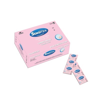 Caixa rosa de dedais de látex lubrificados Sensitex com instruções e símbolos