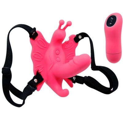Brinquedo em silicone rosa formato borboleta com cinta ajustável e controlo remoto
