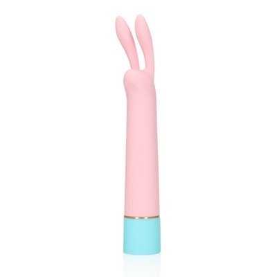Vibrador cor-de-rosa com orelhas de coelho e base azul clara