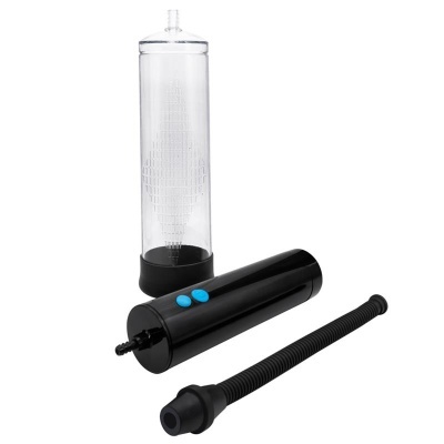 Conjunto de cilindro transparente com dispositivo preto e tubo flexível