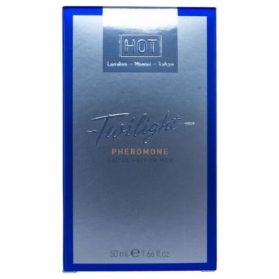 Embalagem azul e prata de perfume masculino Twilight Pheromone