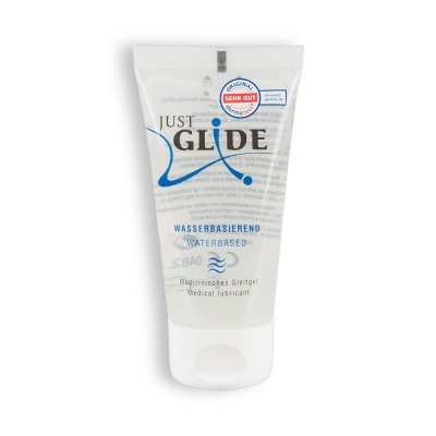 Tubo de lubrificante médico à base de água Just Glide com selo vermelho e azul