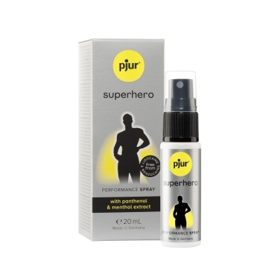 Spray performance Pjur superhero 20 ml cinza e amarelo com caixa e rótulos