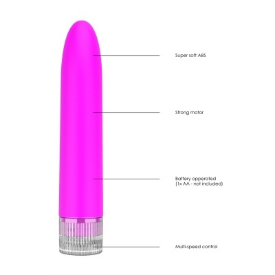 Vibrador rosa com base transparente e texto das características