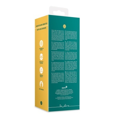 Embalagem de mini vibrador suave com carregador USB em amarelo e verde-azulado