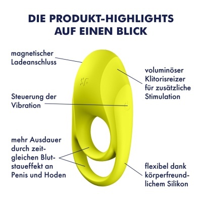 Produto amarelo de silicone com texto em alemão indicando funcionalidades