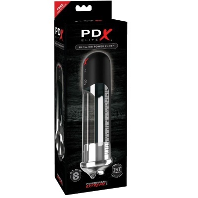 Embalagem preta de bomba PDX Elite Blowjob Power Pump com dispositivo transparente e preto.