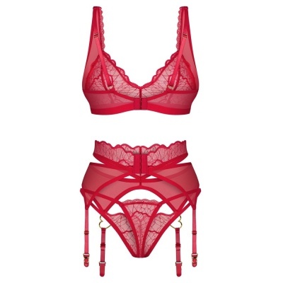 Conjunto de lingerie vermelho em renda e tule com cinta-liga e fecho frontal.
