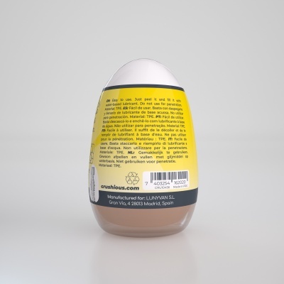 Produto oval branco/bege com etiqueta amarela e texto multilíngue