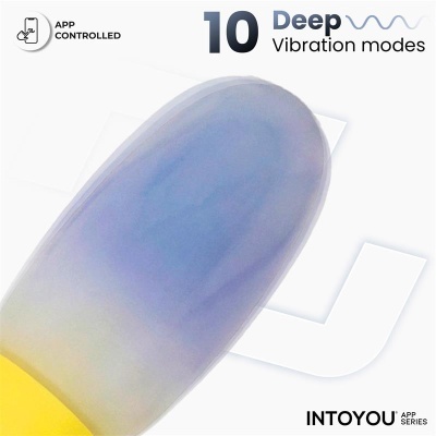 Dispositivo vibratório azul e amarelo com texto sobre modos de vibração e controle por app
