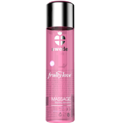 Frasco rosa de óleo de massagem Swede fruity love com tampa prateada