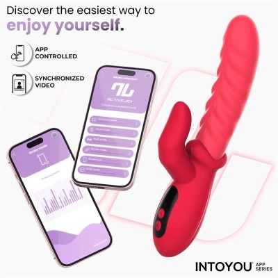 Vibrador vermelho com aplicação móvel ACTIVEJOY visível em dois telemóveis