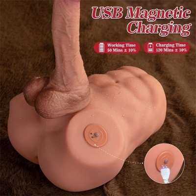 Vibrador realista cor de pele com botão e carregamento USB em fundo castanho
