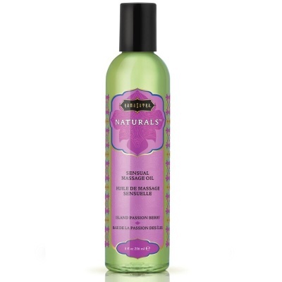 Frasco verde de óleo de massagem sensorial com rótulo violeta e tampa preta.