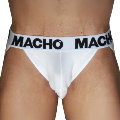 Cueca jockstrap branca com faixa elástica com a palavra MACHO