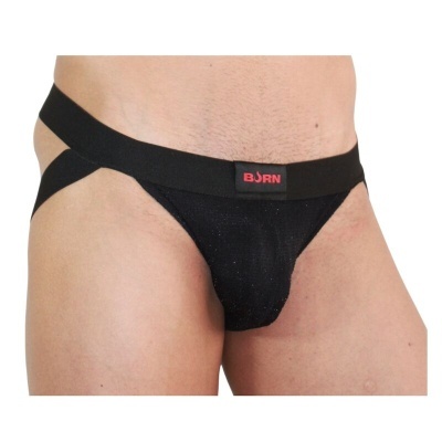 Cueca preta tipo suspensório com faixa elástica e logo BURN