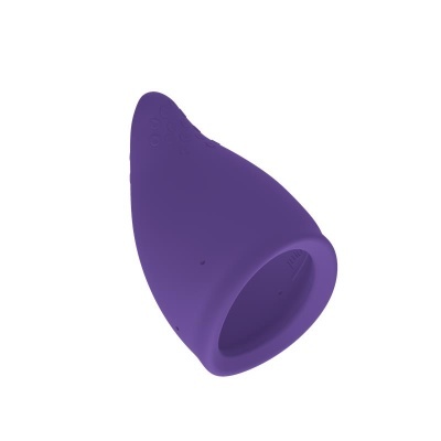 Produto roxo cónico em silicone com pequenos relevos e abertura numa extremidade