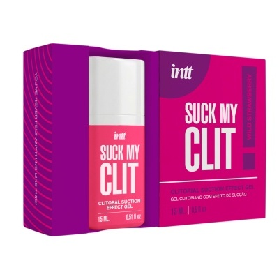 Frasco rosa de gel SUCK MY CLIT ao lado da embalagem roxa e rosa com texto branco