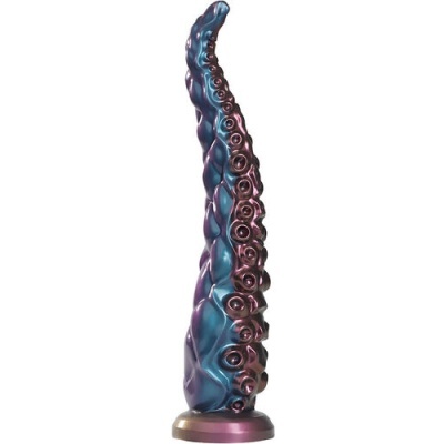 Tentáculo em azul e roxo com ventosas e base sólida.