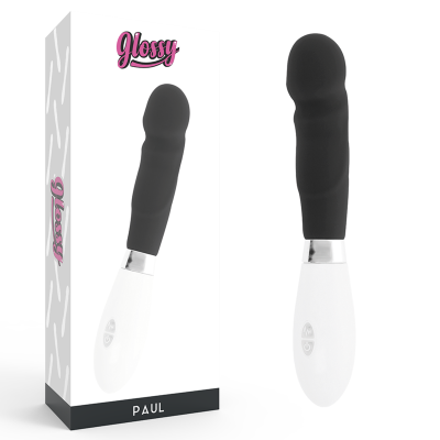 Vibrador preto e branco PAUL da Glossy junto da sua embalagem