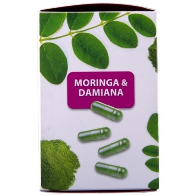 Embalagem de suplemento Moringa & Damiana com folhas verdes e cápsulas