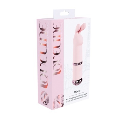Embalagem do mini vibrador coelho RÊVE, cor rosa claro, silicone, recarregável e à prova de água