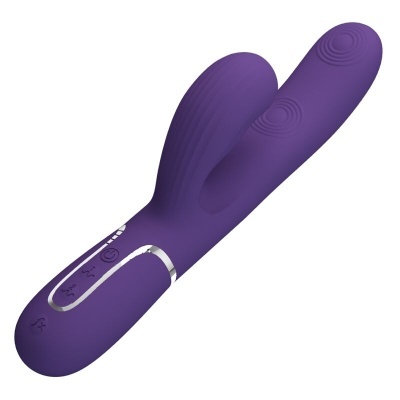 Vibrador roxo de silicone com duas pontas e botões iluminados