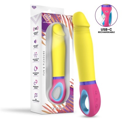 Vibrador amarelo com cabo rosa e azul em embalagem com texto explicativo