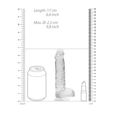 Dildo transparente com régua de medição e desenhos comparativos de lata e batom