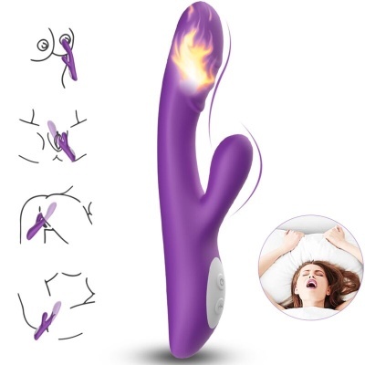 Vibrador roxo com detalhes de uso e imagem de mulher expressando prazer
