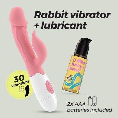 Vibrador rosa de silicone com lubrificante em frasco amarelo e texto informativo