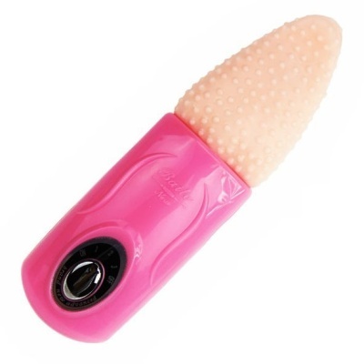 Vibrador cor-de-rosa com ponta texturizada bege e botão de controlo negro