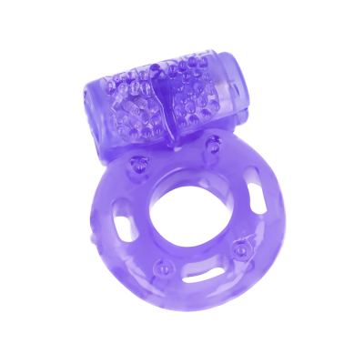 Anel vibratório de silicone roxo translúcido com textura em relevo