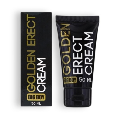 Tubo preto de creme e embalagem preta com texto dourado e branco Golden Erect Cream