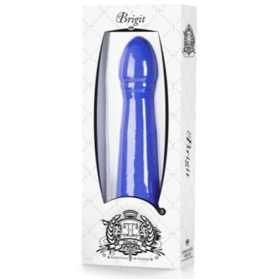 Dildo azul dentro de embalagem branca com janela transparente e texto Brigit