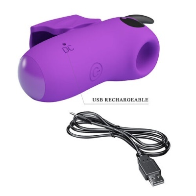 Produto eletrônico portátil roxo com cabo USB preto