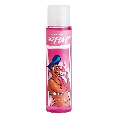 Frasco de óleo quente rosa com rótulo ilustrado e tampa branca